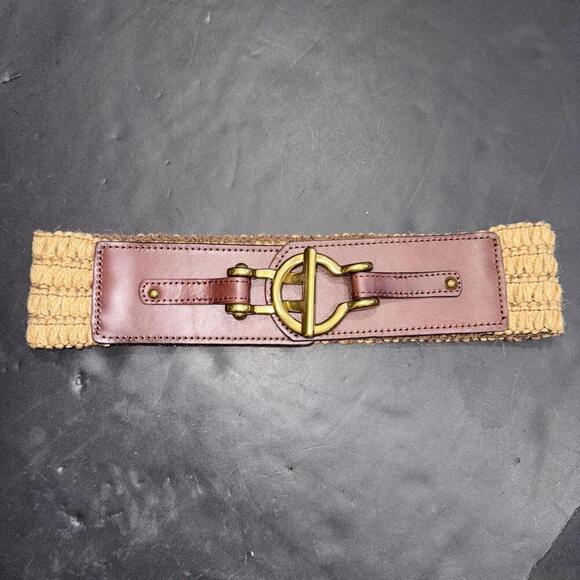 Vintage Fossil Wide Stretch Cinch Waist Belt Leather Woven Gold Buckle Boho - Picture 2 of 12